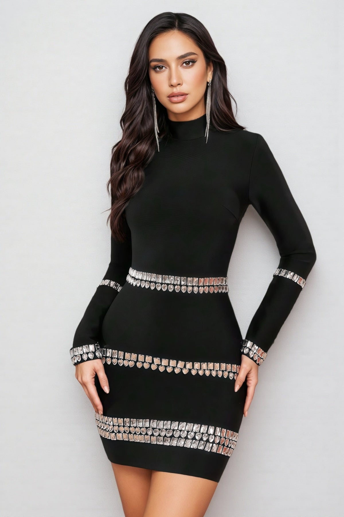 Rhinestone Belt Band Long Sleeve Mock Neck Bandage Mini Dress - View 4