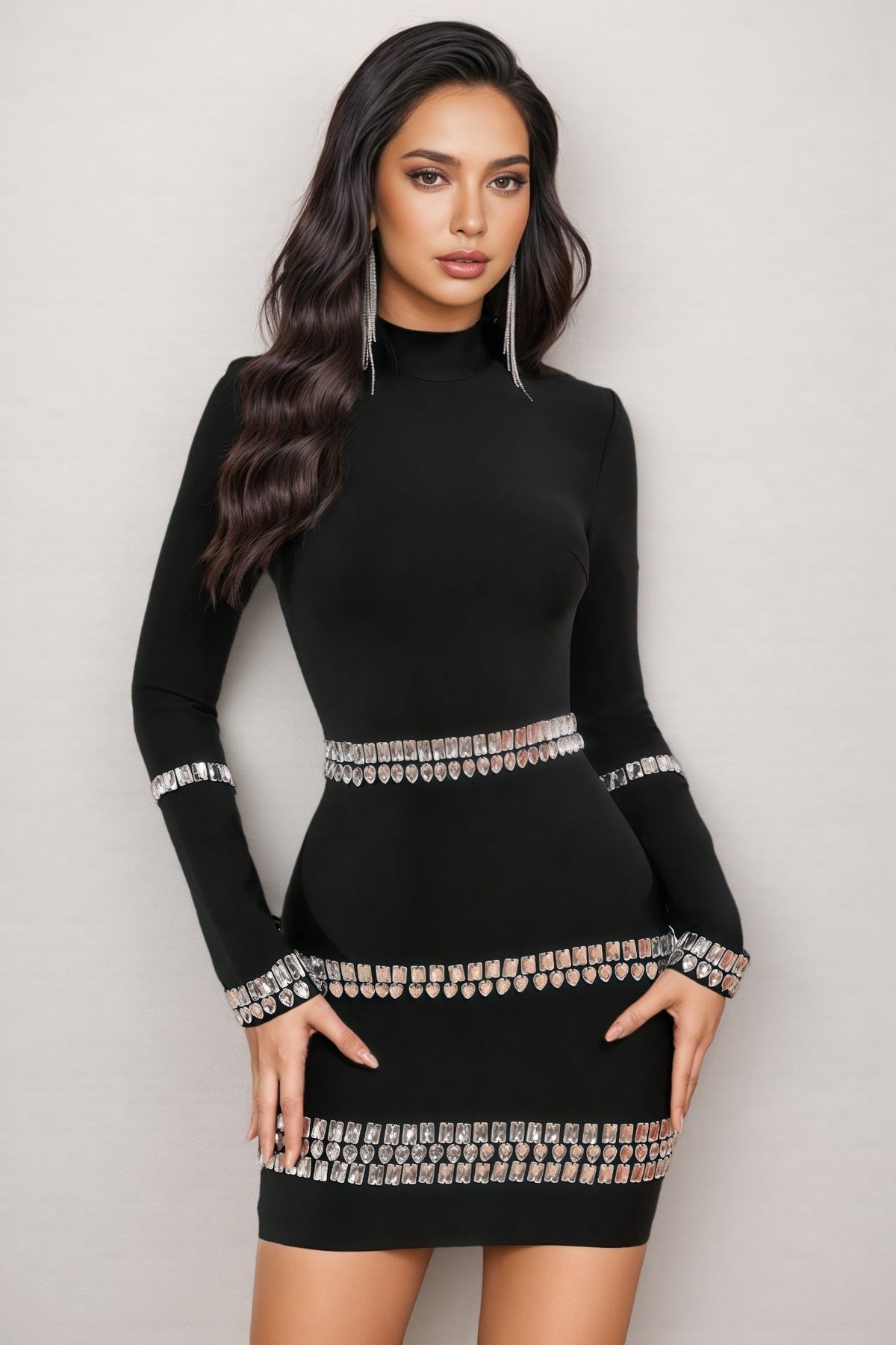 Rhinestone Belt Band Long Sleeve Mock Neck Bandage Mini Dress - View 3