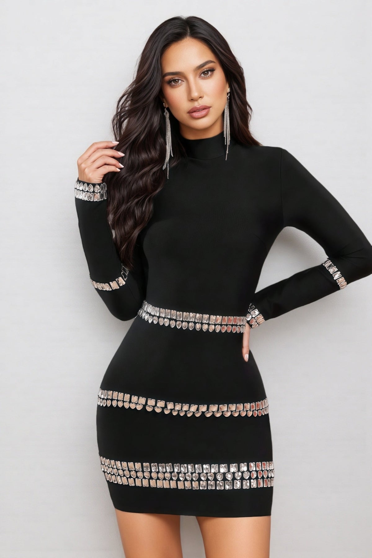 Rhinestone Belt Band Long Sleeve Mock Neck Bandage Mini Dress - View 5