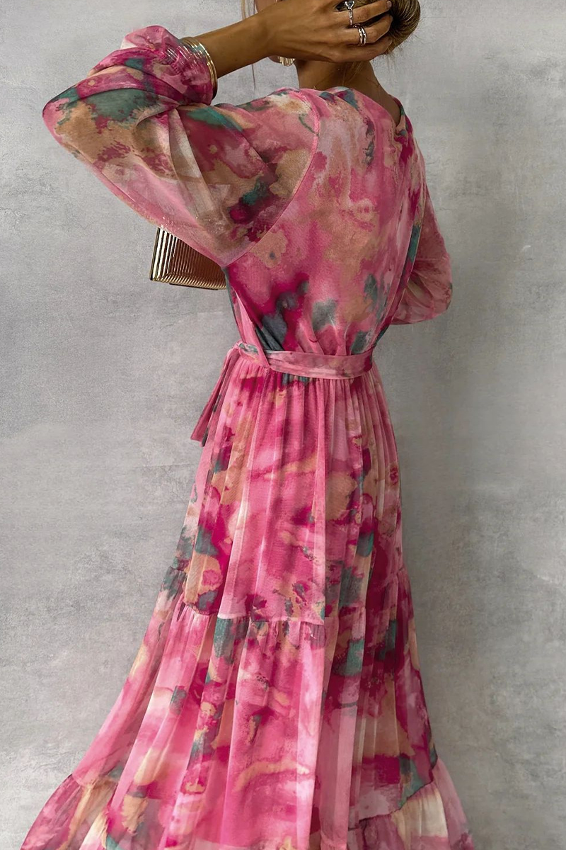 Marble Print Deep V-Neck Ruffle Cuff Tie Waist Tiered Maxi Dress - View 3