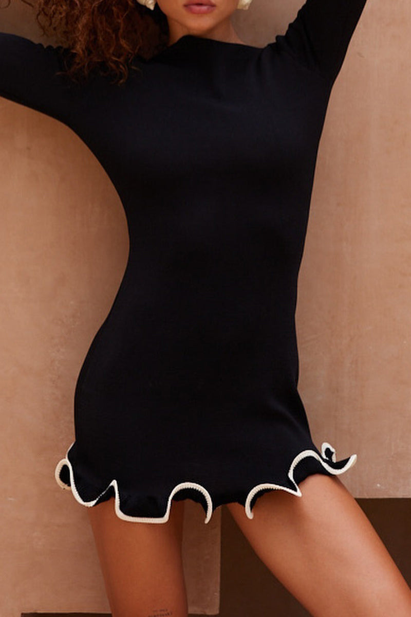 Long Sleeve Round Neck Ruffle Cuff Contrast Trim Bodycon Mini Dress - View 3