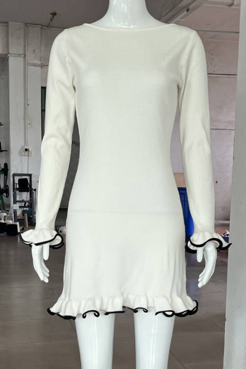 Long Sleeve Round Neck Ruffle Cuff Contrast Trim Bodycon Mini Dress - View 11