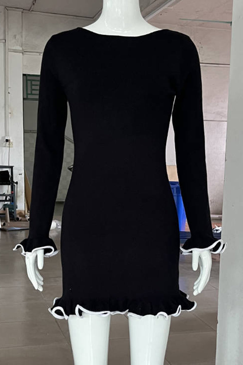 Long Sleeve Round Neck Ruffle Cuff Contrast Trim Bodycon Mini Dress - View 12