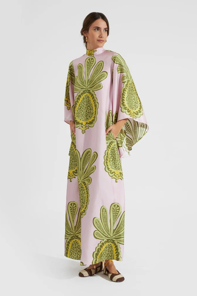 Pineapple Print Kimono Sleeve Tie Neck Kaftan Maxi Dress - View 4