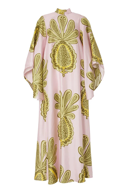 Pineapple Print Kimono Sleeve Tie Neck Kaftan Maxi Dress - View 2