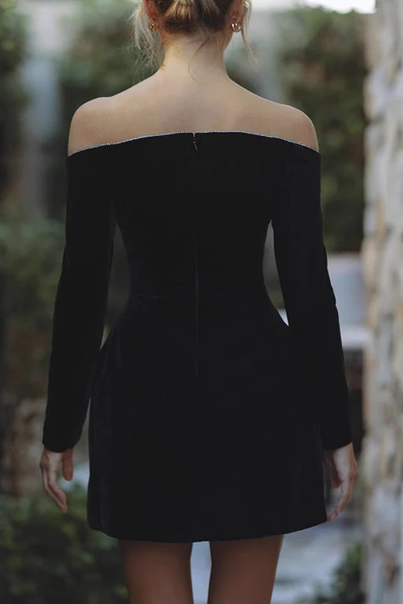 Velvet Off Shoulder Rhinestone Trim Long Sleeve Cocktail Mini Dress - View 5