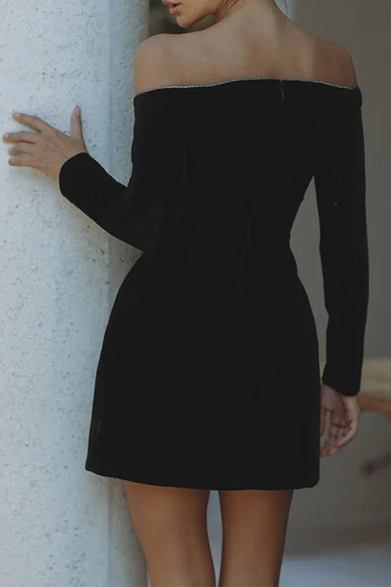 Velvet Off Shoulder Rhinestone Trim Long Sleeve Cocktail Mini Dress - View 6