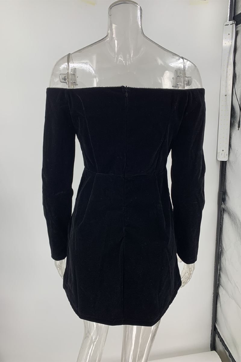 Velvet Off Shoulder Rhinestone Trim Long Sleeve Cocktail Mini Dress - View 8