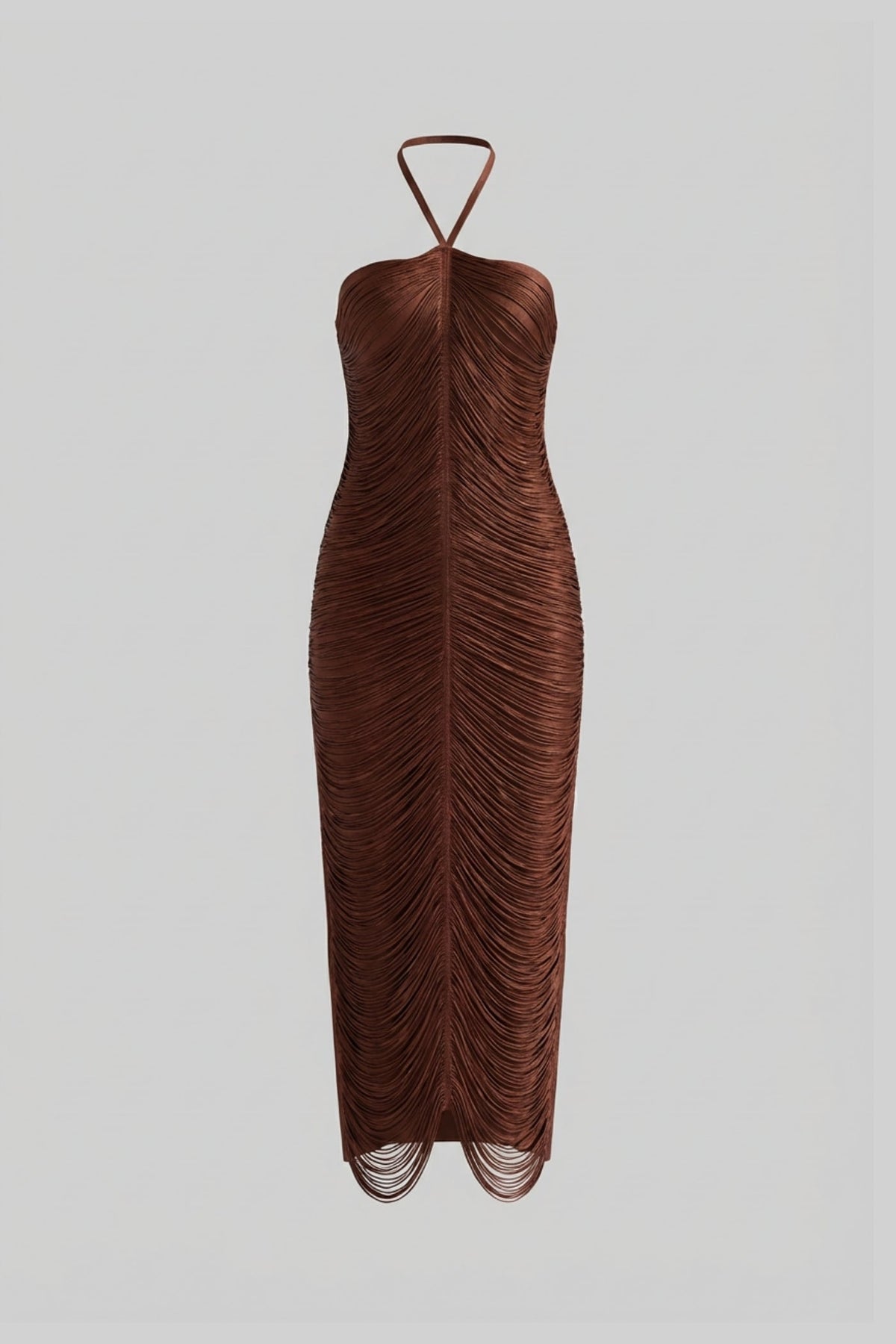 Halter Neck Midi Dress With All-Over Pleated Texture - Brown - View 2