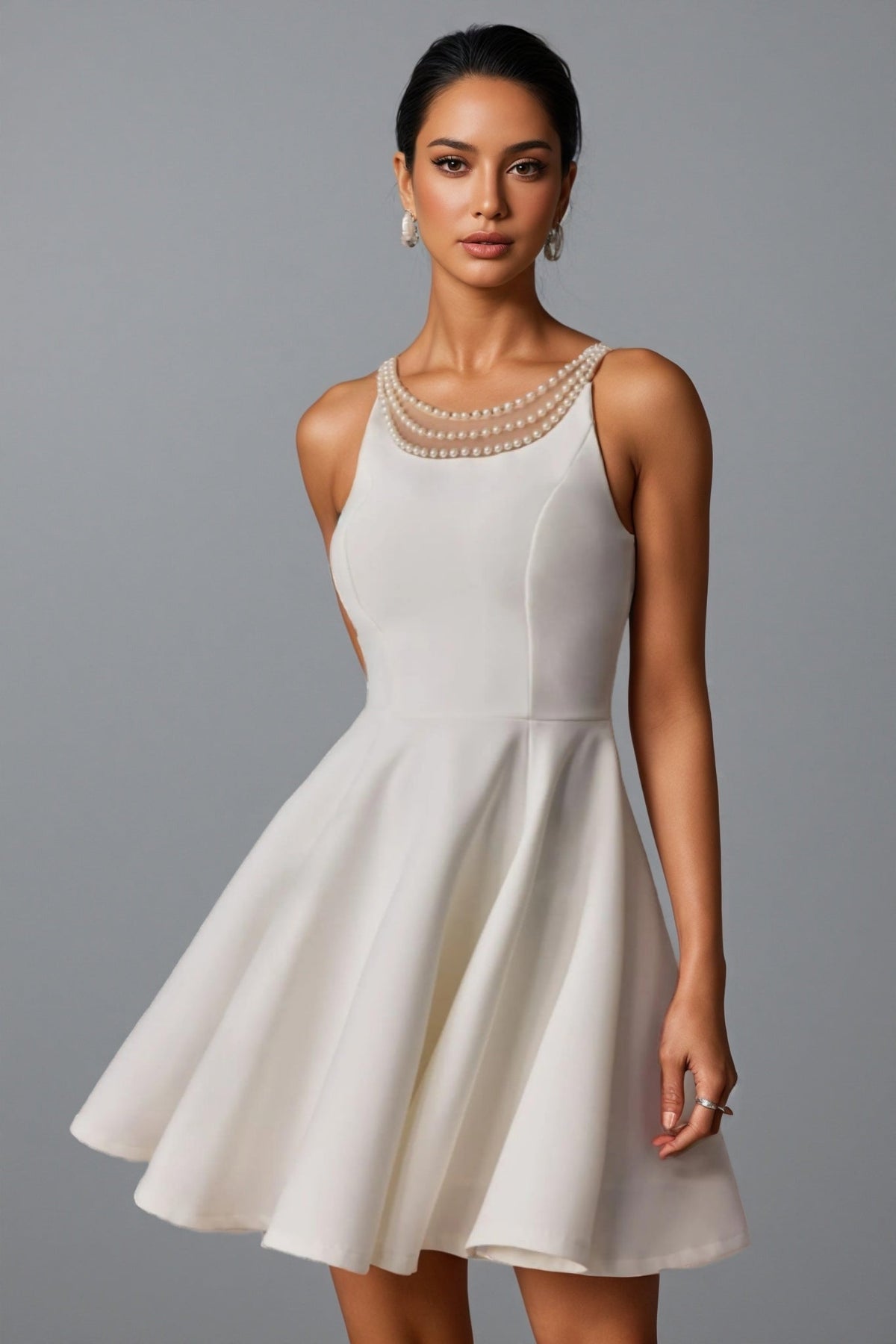 Pearl Embellished Round Neck Sleeveless Fit and Flare Mini Dress - View 3