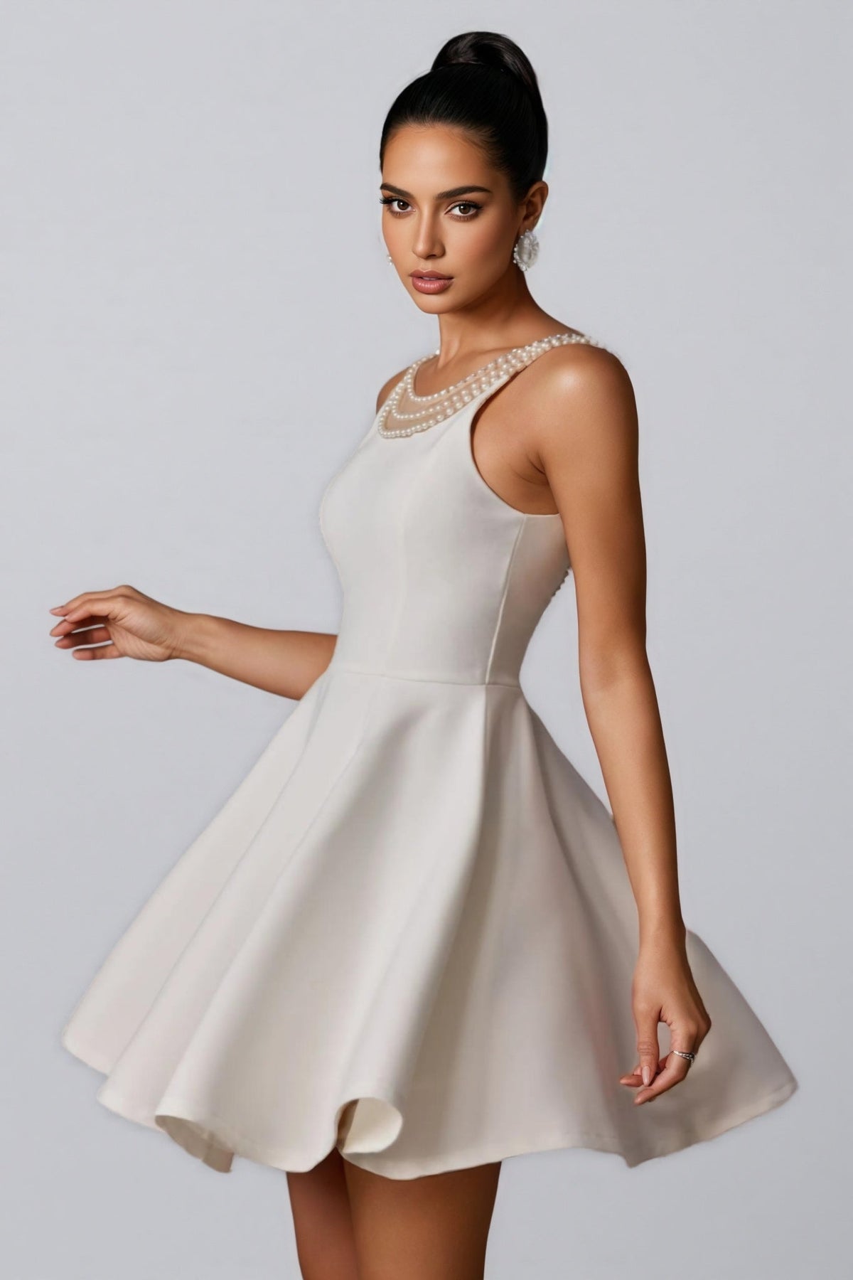 Pearl Embellished Round Neck Sleeveless Fit and Flare Mini Dress - View 4