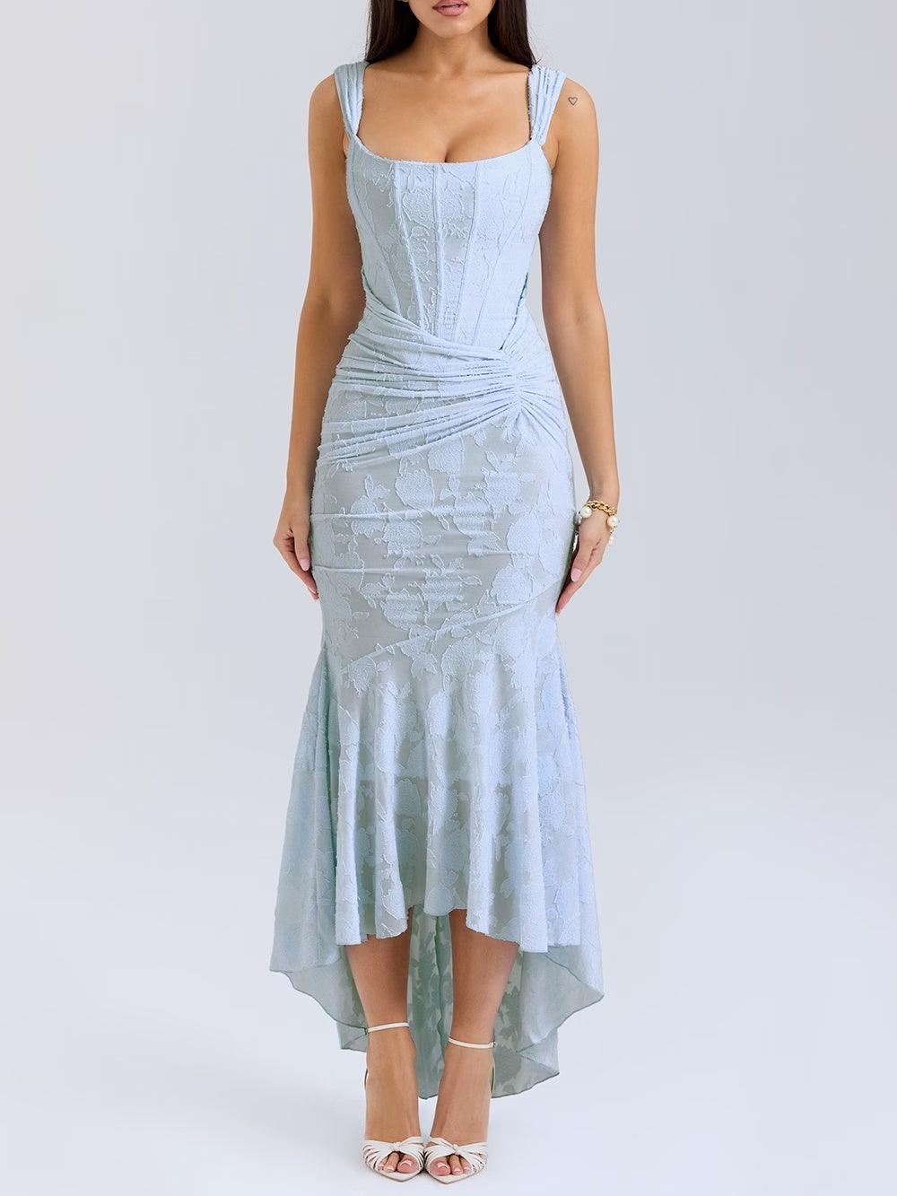 Square Neck Corset Bodice Lace High Low Fishtail Maxi Dress 2