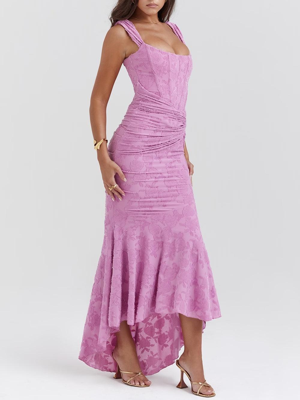 Square Neck Corset Bodice Lace High Low Fishtail Maxi Dress 18