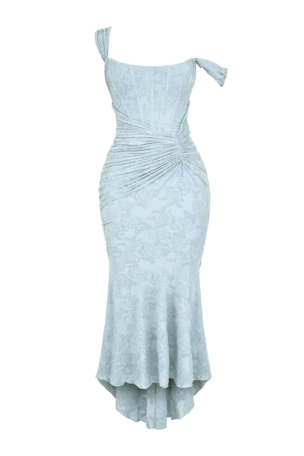 Square Neck Corset Bodice Lace High Low Fishtail Maxi Dress 7