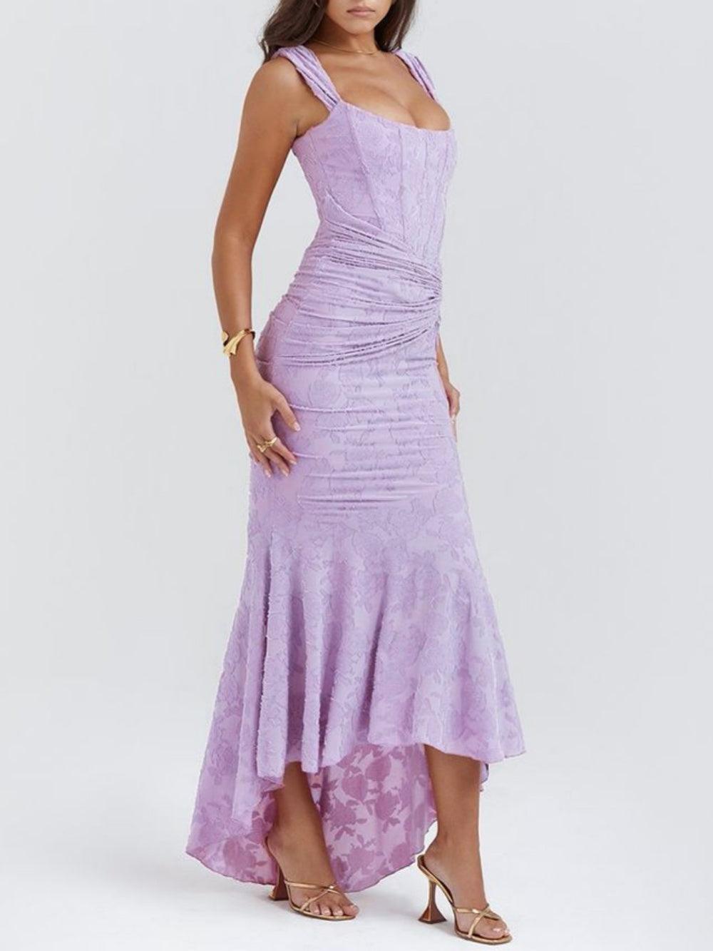 Square Neck Corset Bodice Lace High Low Fishtail Maxi Dress 23