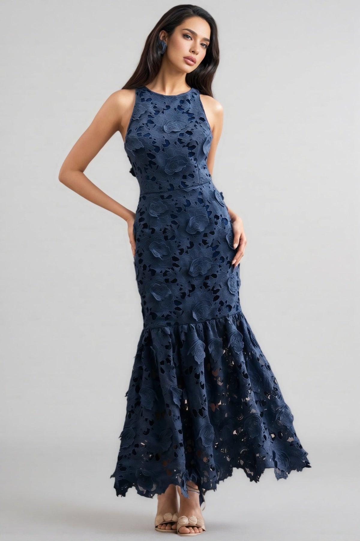 Almond Blue Sleeveless Lace Maxi Dress