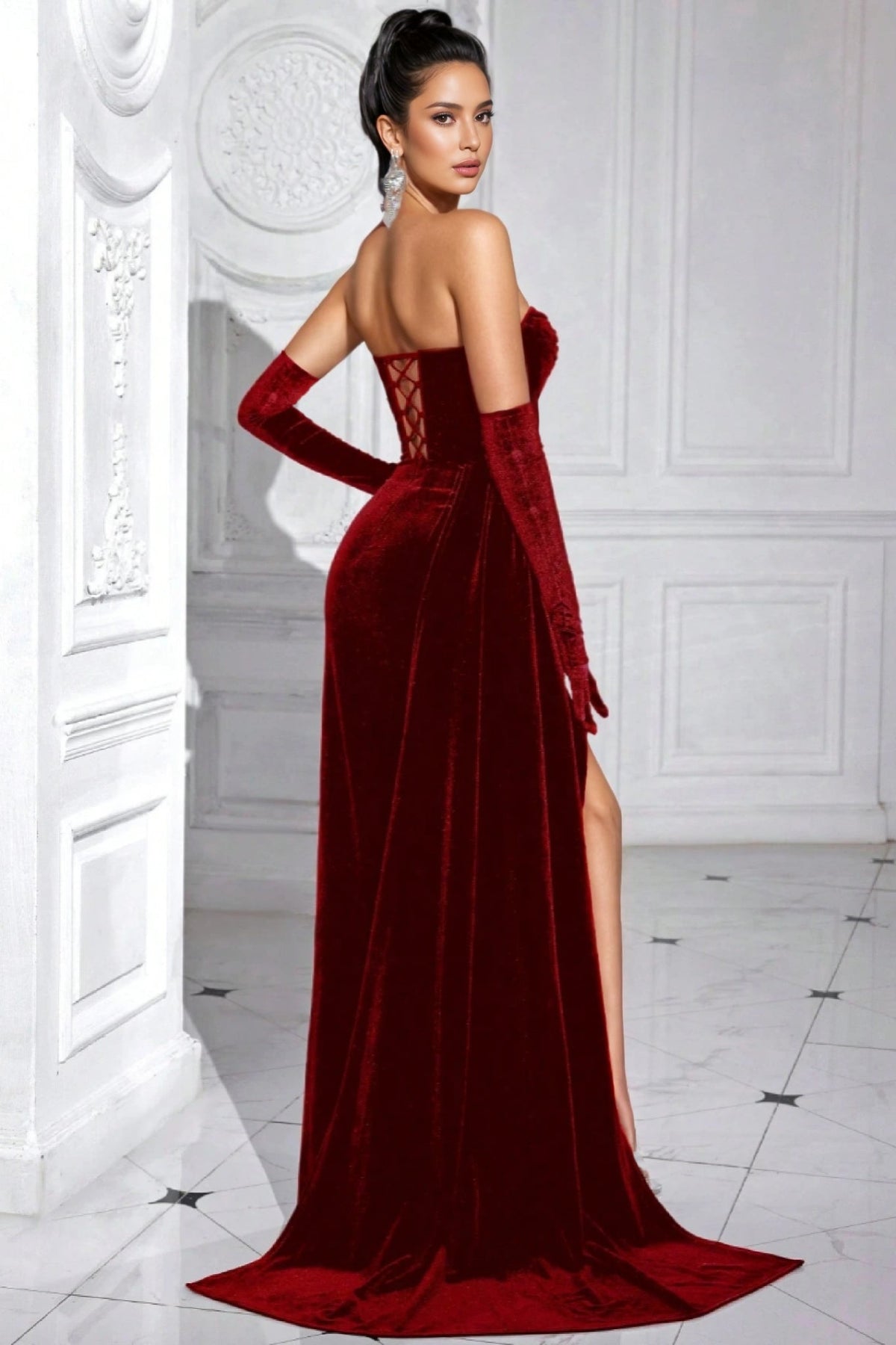 Maya Red Velvet Fishbone Maxi Dress - View 7