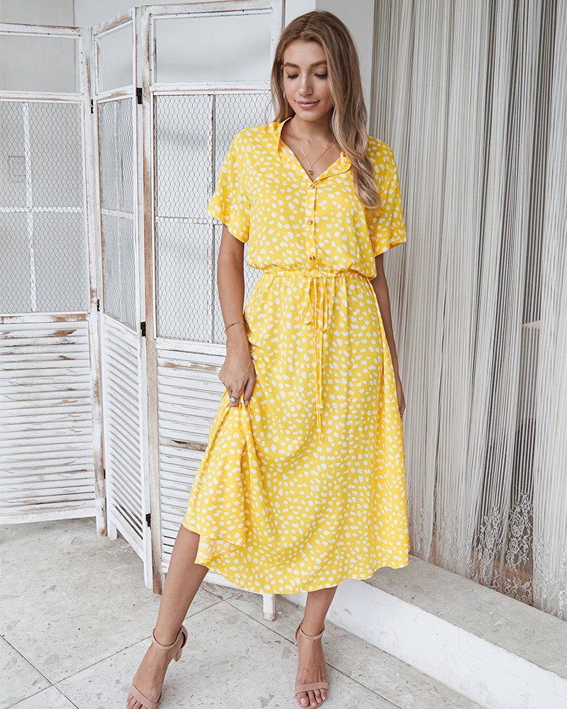 Polka Dot Print V-Neck Button Down Drawstring Waist Shirt Midi Dress - View 4