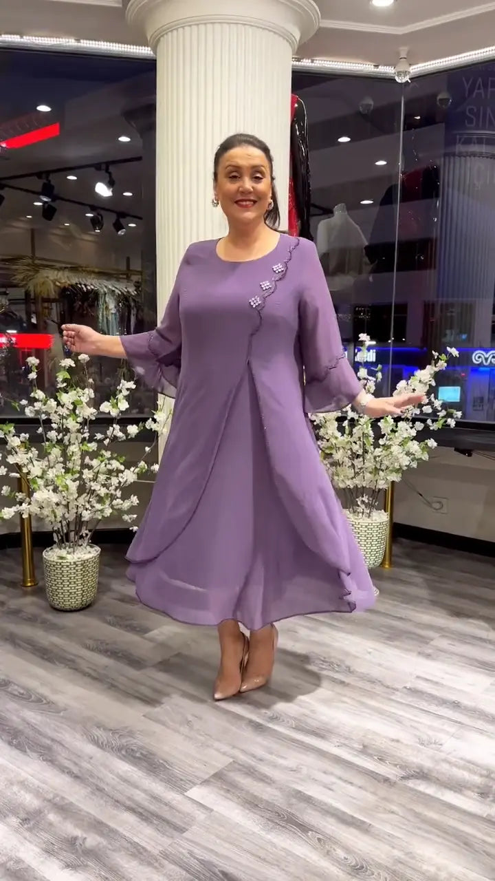 Crew Neck Three Quarter Sleeve Floral Applique A-Line Midi Dress - View 13