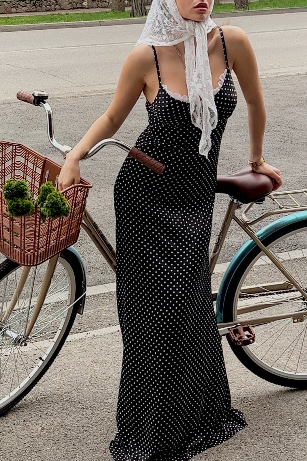 Polka Dot Lace Trim Cami Maxi Dress in Black