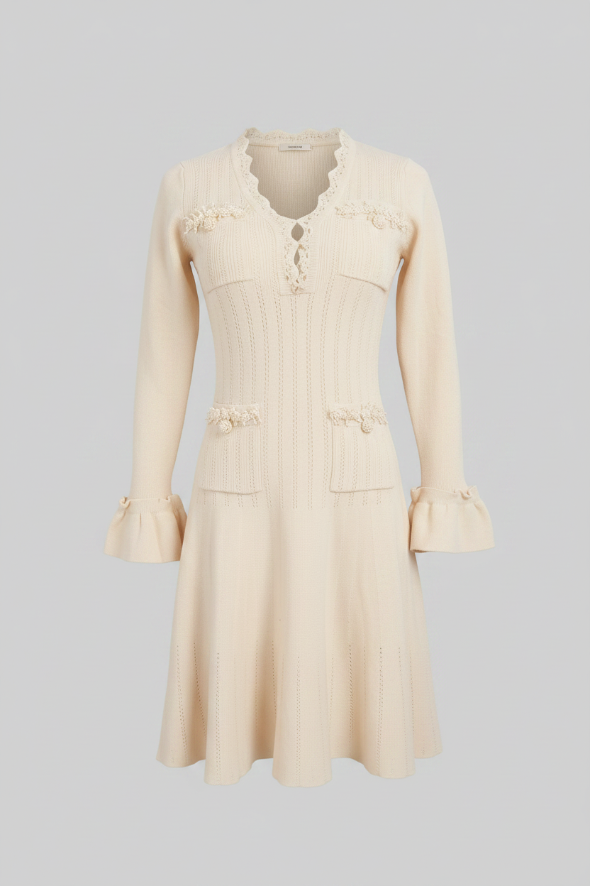 Long-Sleeve V-Neck Knit Mini Dress - Ivoire - View 2