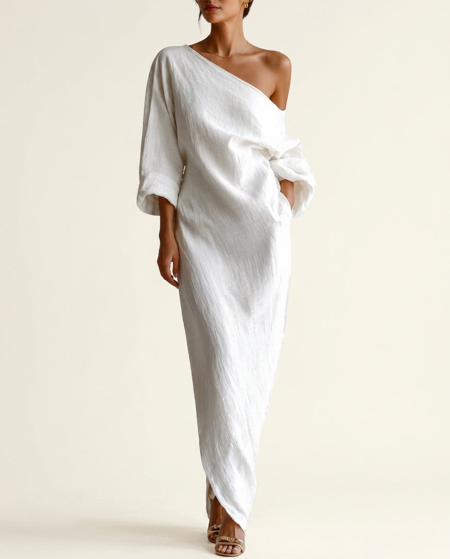 One Shoulder Long Sleeve Textured Slouchy Maxi Dress