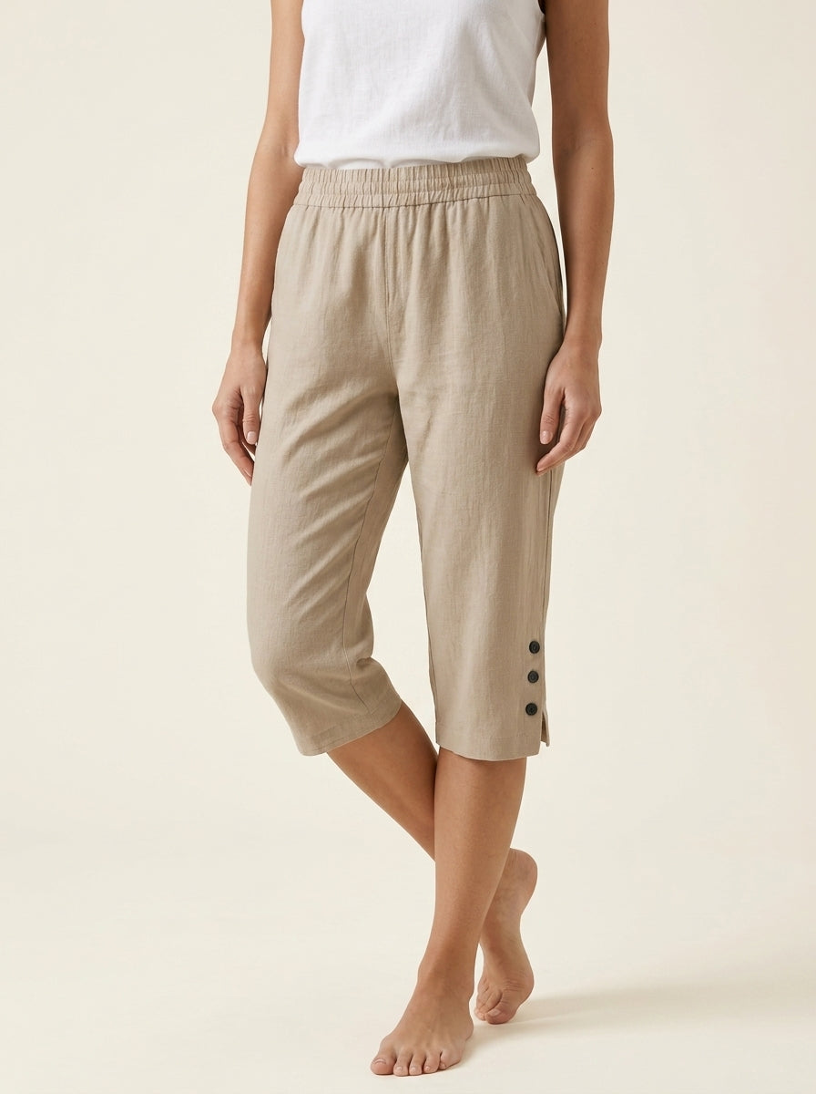 High Waist Button Hem Cropped Capri Pants