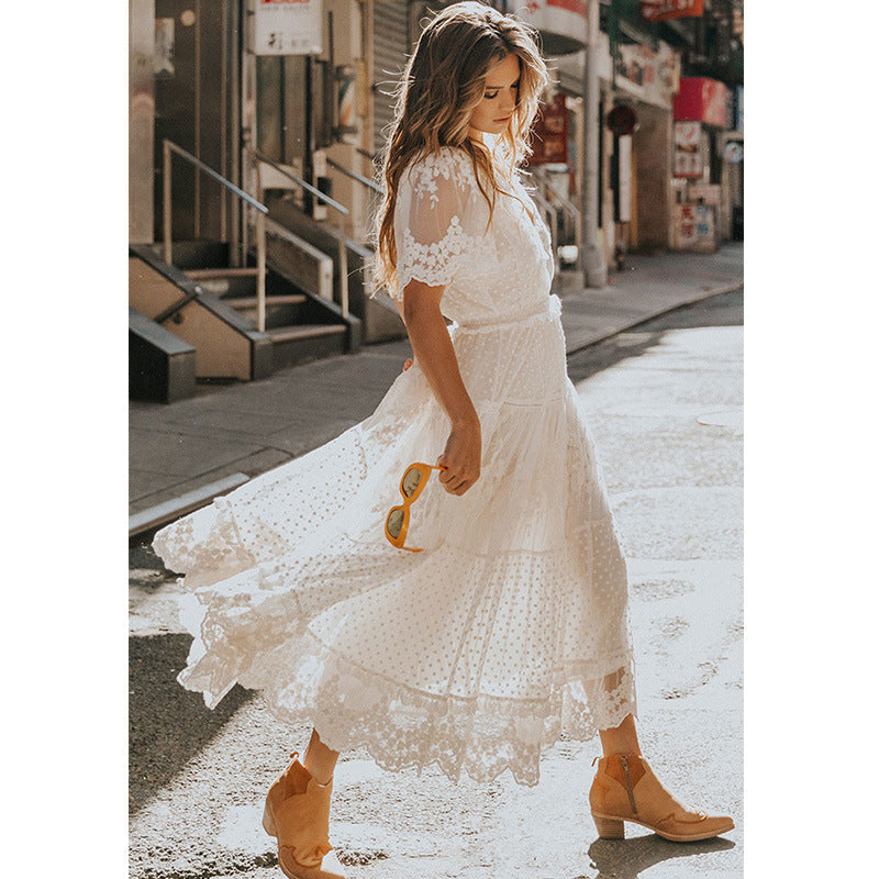 Swiss Dot Lace Trim Short Sleeve Elastic Waist Tiered Maxi Dress