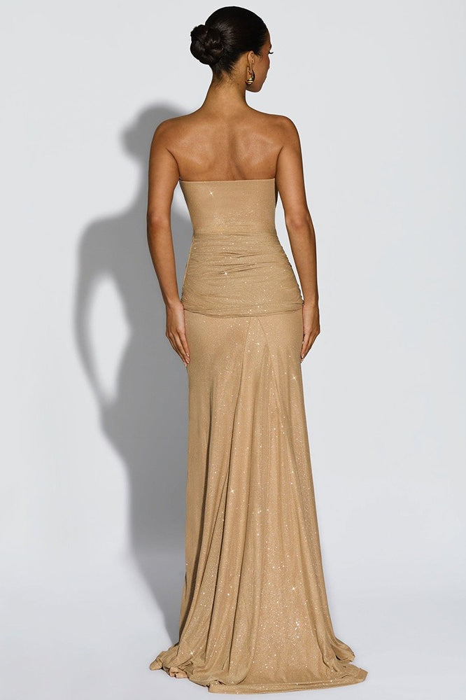 Metallic Strapless Cape Sleeve Ruched Twist Mermaid Maxi Dress - View 3