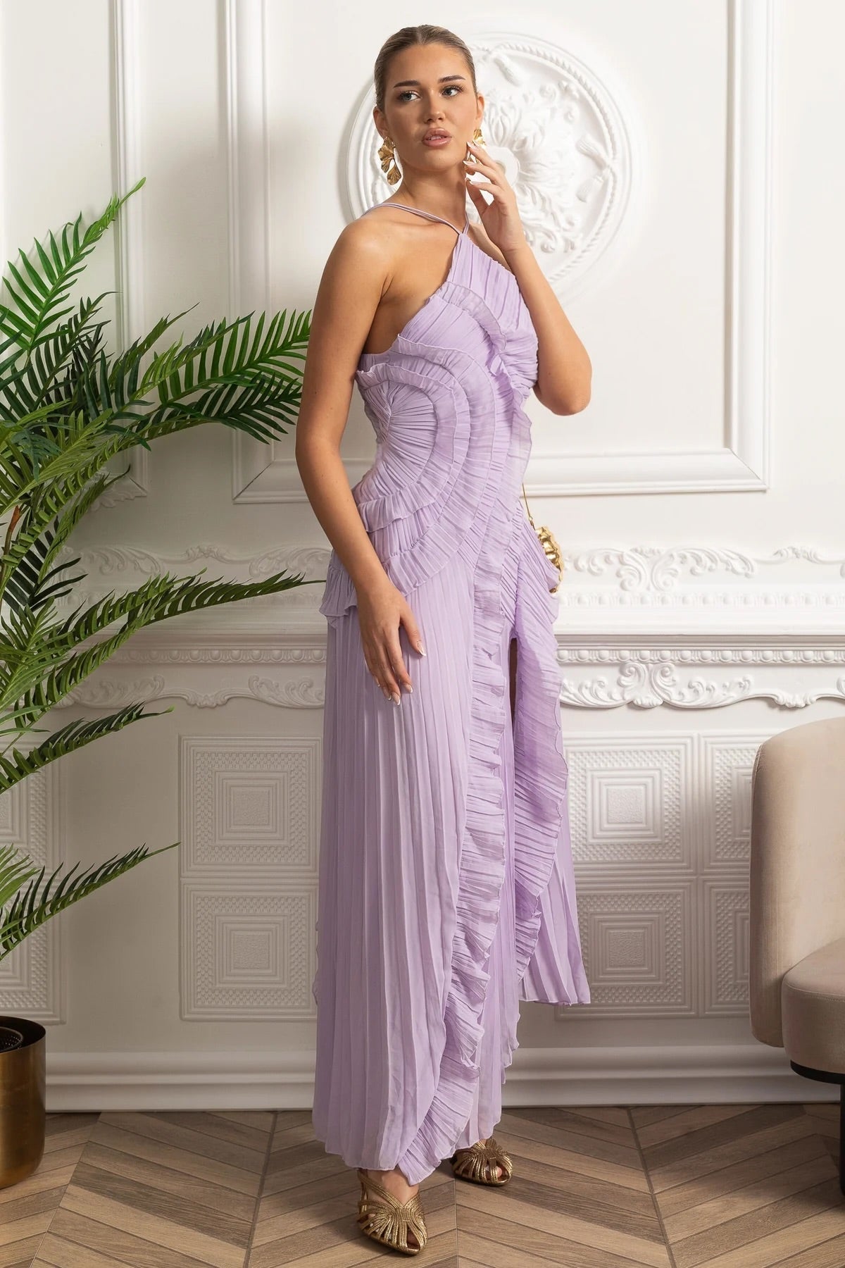 Pleated Halter Midi Dress With Cascading Ruffle Details - Lavender - View 8