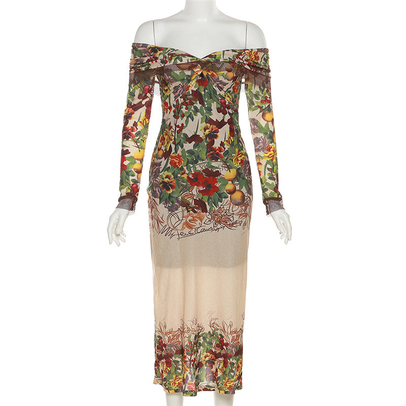 Floral Off Shoulder Long Sleeve Ruched Mesh Bodycon Midi Dress - View 4