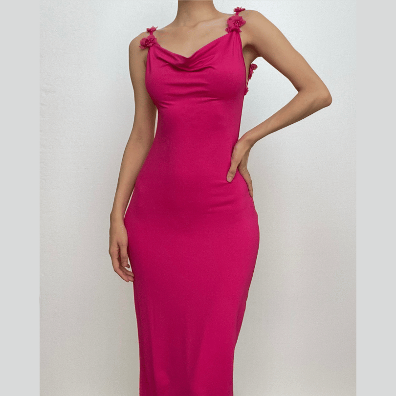 Flower applique cowl neck backless solid maxi dress - View 2