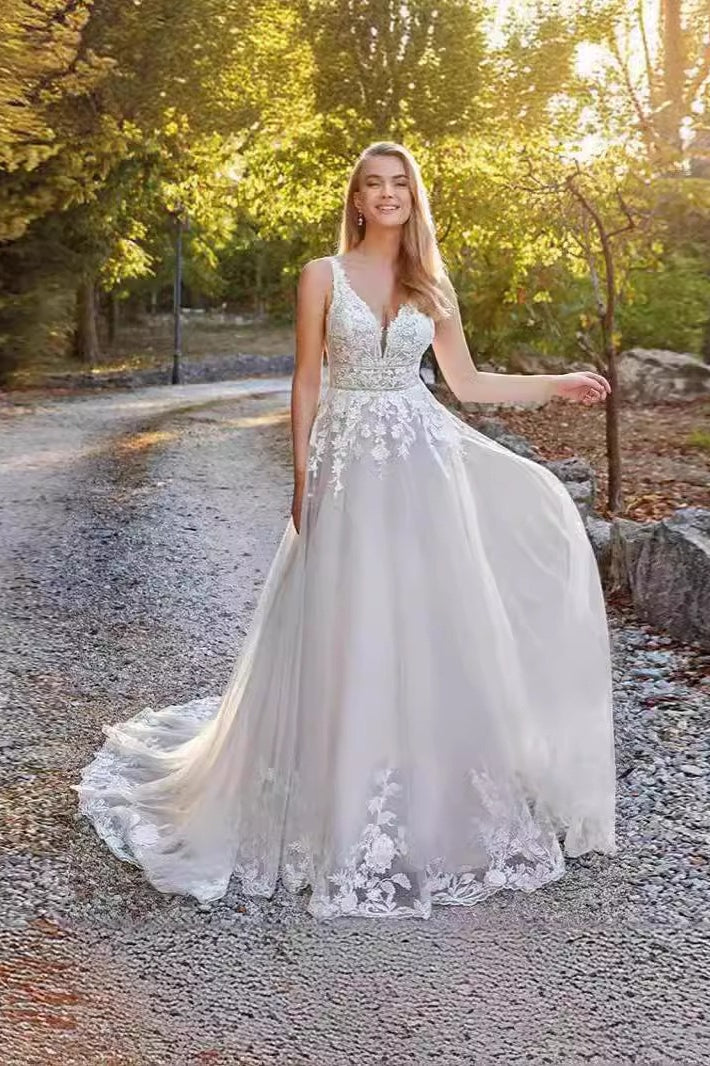 Deep V-Neck Lace Applique A-Line Train Wedding Gown - View 2