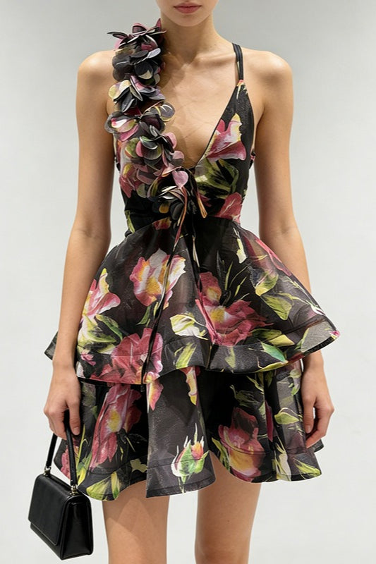Floral Deep V-Neck Spaghetti Strap Tiered Ruffle Corset Mini Dress