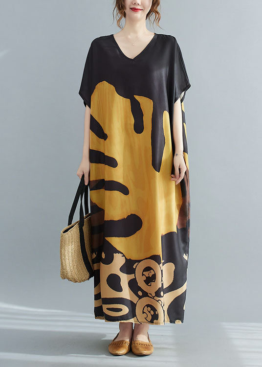 Chiffon V-Neck Short Sleeve Abstract Leaf Print Kaftan Maxi Dress - View 2