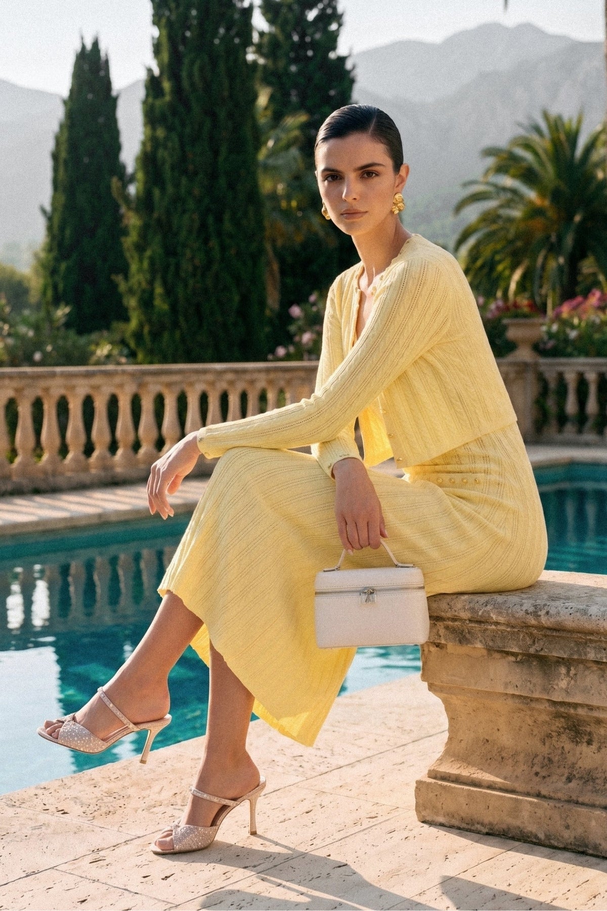 Ribbed Pointelle Pearl Button Cropped Cardigan Sleeveless Midi Dress Two-Piece Set - View 2