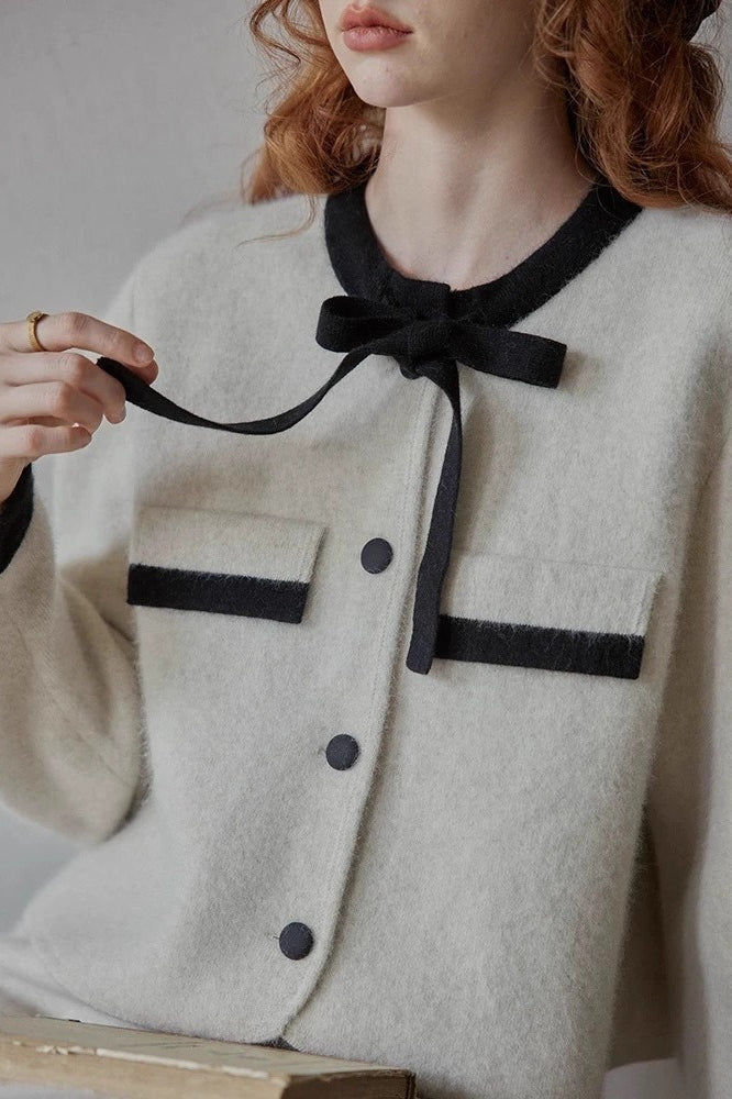 Pastel Color Block Bow Sweater Tweed Suit Set