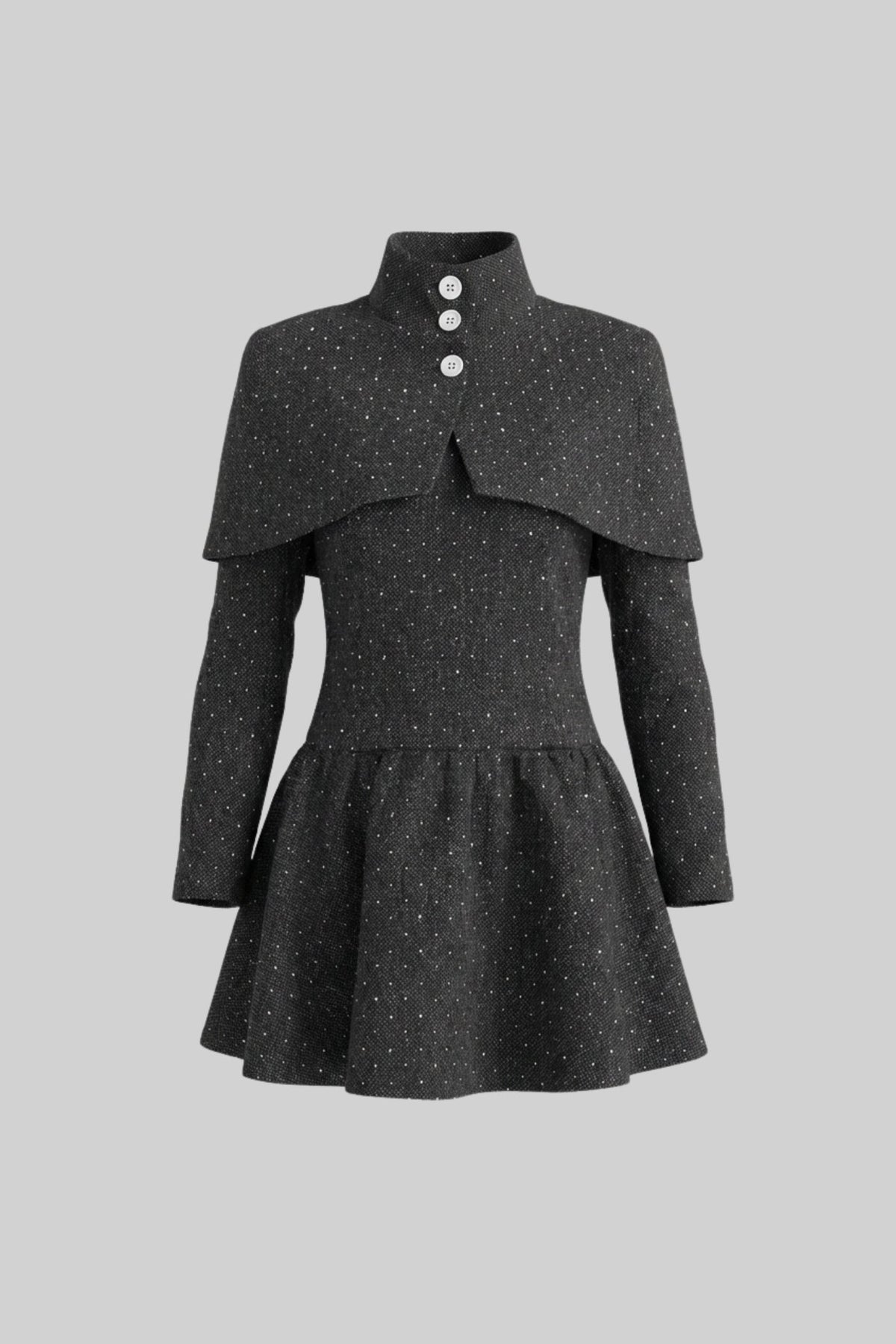 Long Sleeve Mini Dress With Detachable Cape Overlay - Charcoal - View 2