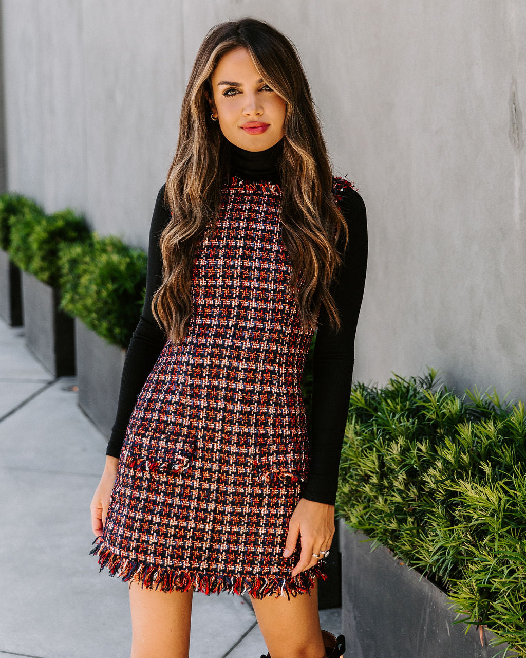 Tweed Plaid Sleeveless Frayed Hem Patch Pocket Shift Mini Dress - View 5