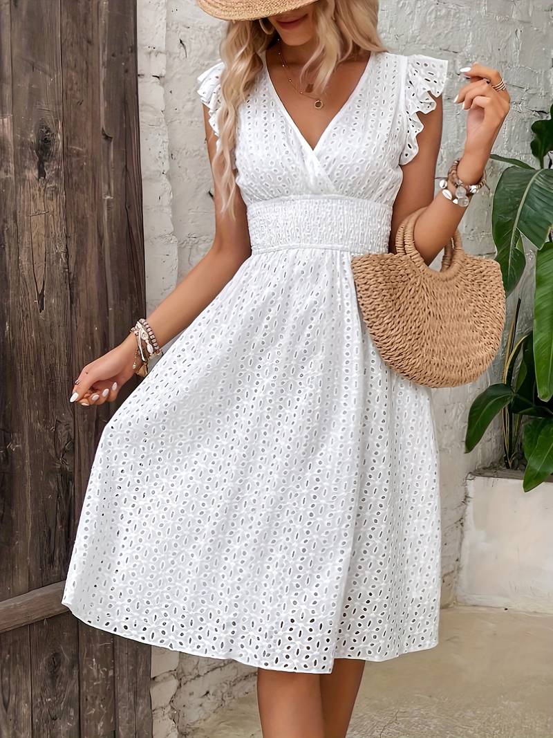 Eyelet Lace Wrap V-Neck Flutter Strap Smocked Waist A-Line Midi Dress - View 3