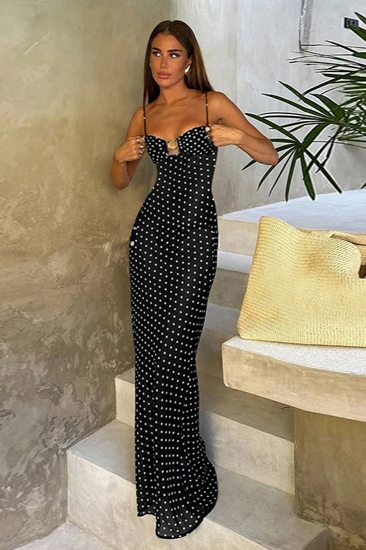 Polka Dot Lace Cami Backless Maxi Dress in Black