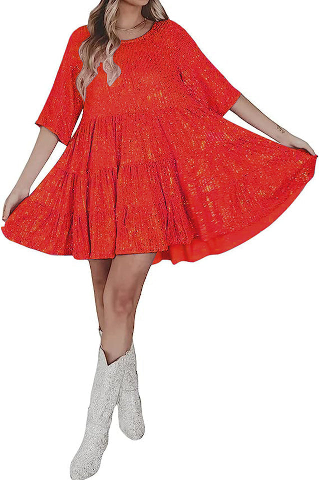 Sequin Tiered Ruffle Short Sleeve Crew Neck Babydoll Mini Party Dress 39
