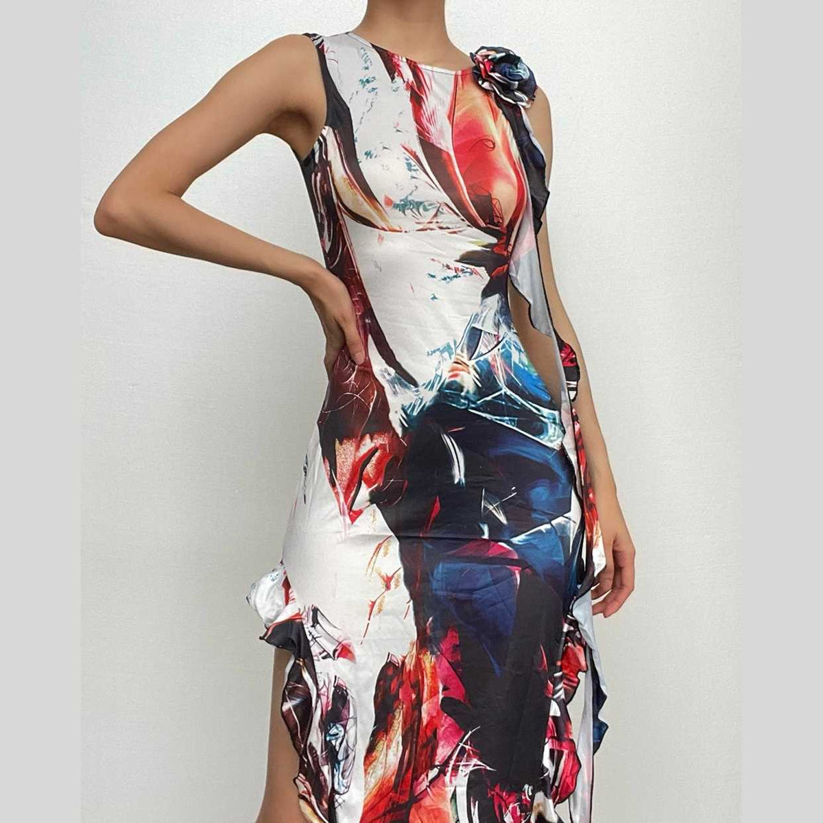Abstract Print 3D Flower Applique Side Ruffle Sleeveless Maxi Dress - View 2