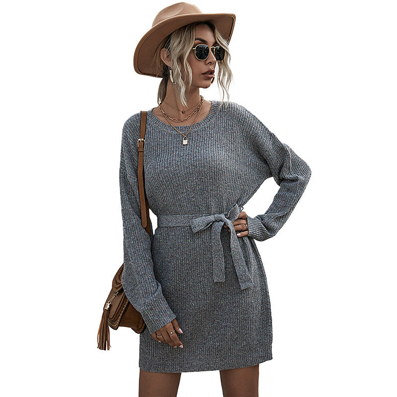 Ribbed Knit Long Batwing Sleeve Crew Neck Tie Belt Mini Sweater Dress - View 3