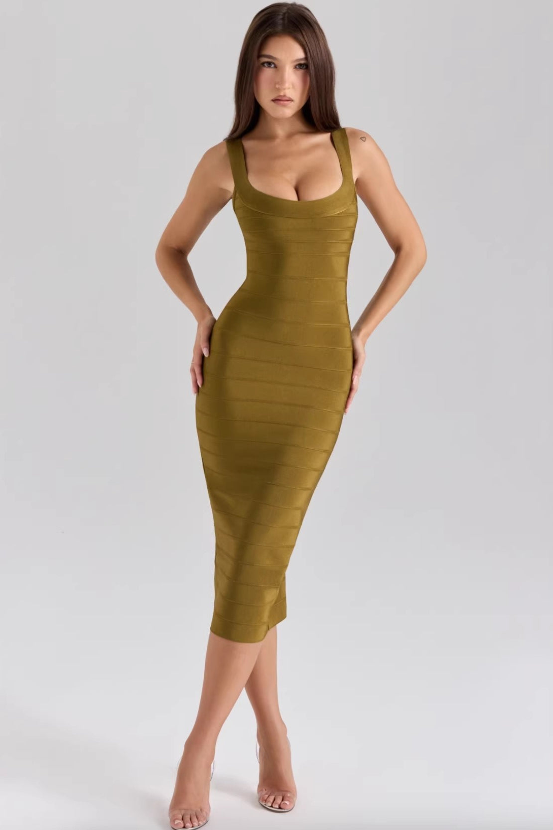 Square Neck Ribbed Bandage Bodycon Maxi Dress 2