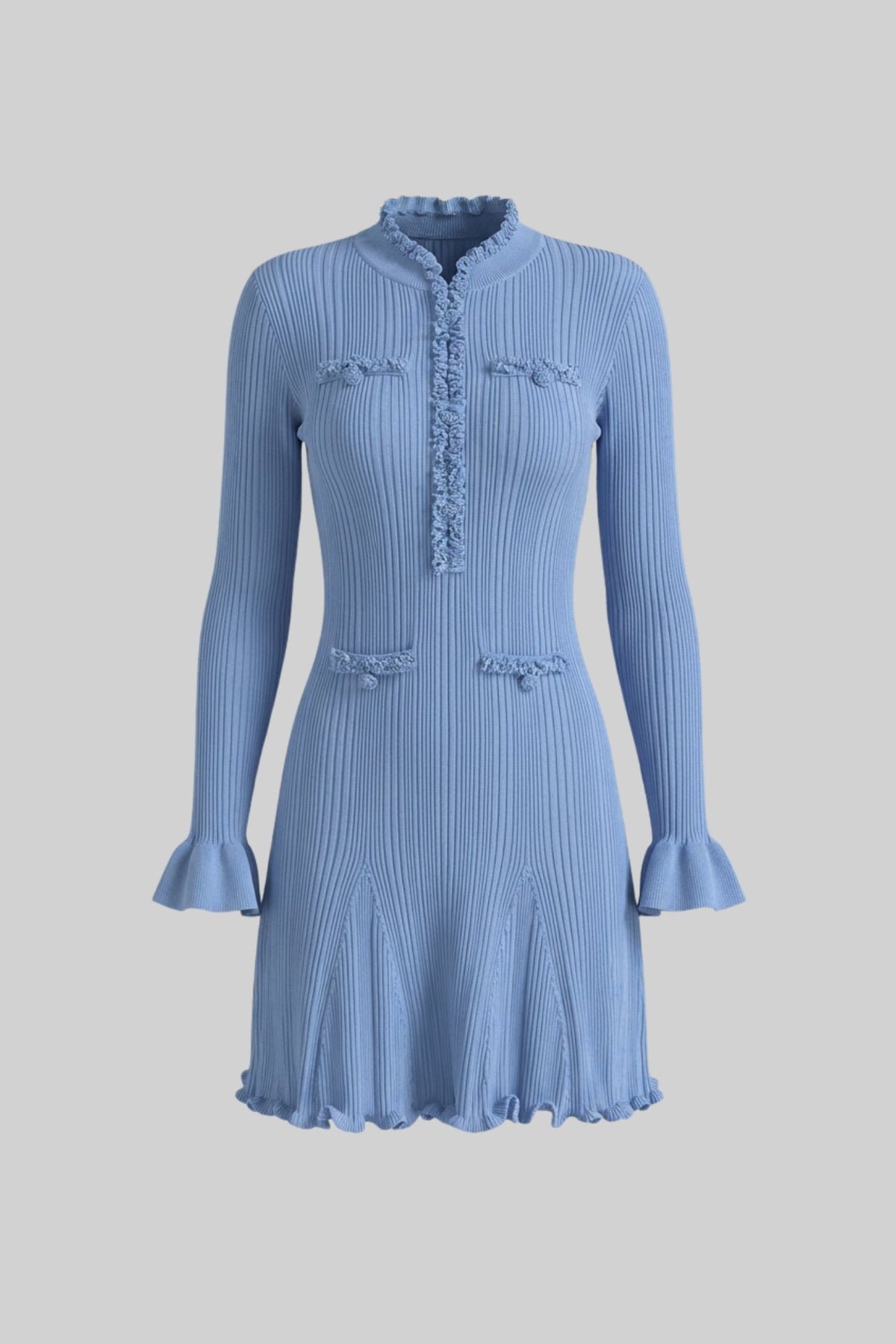 Ribbed Knit Mini Dress With Beaded Trim Detailing - Blue - View 2