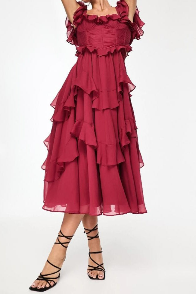 Chiffon Off Shoulder Corset Tiered Ruffle Midi Prom Dress - View 3