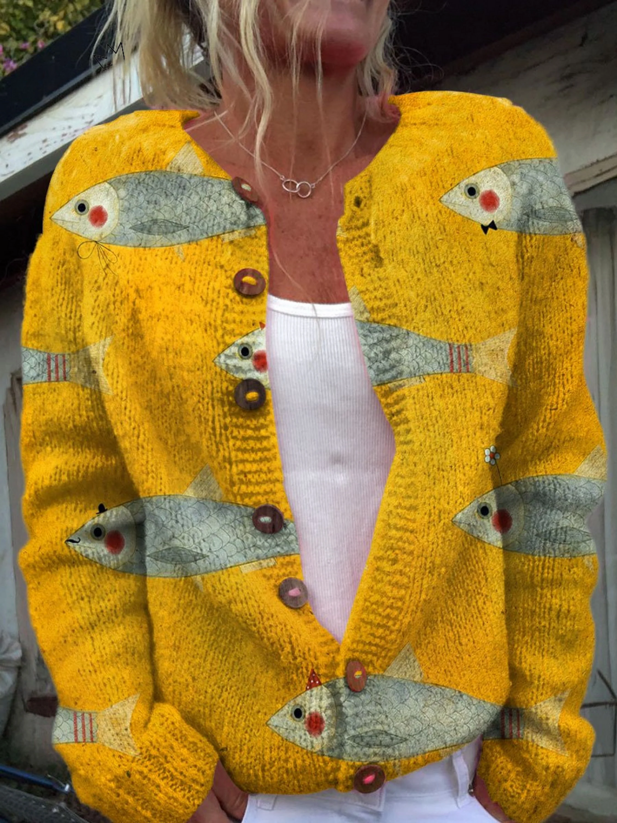 Fish Print Button Front Knit Cardigan