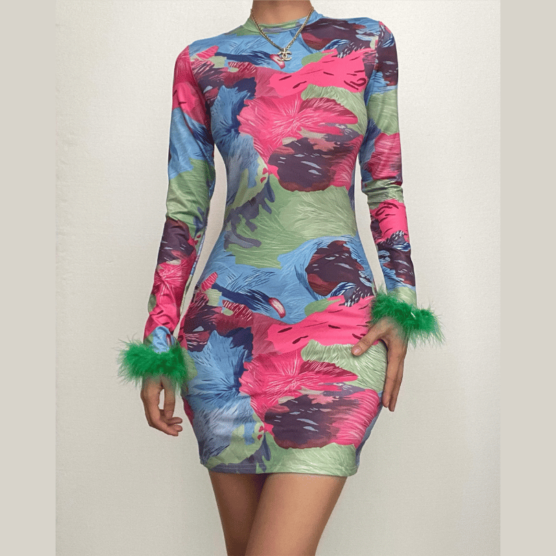 Feather crewneck contrast print long sleeve mini dress