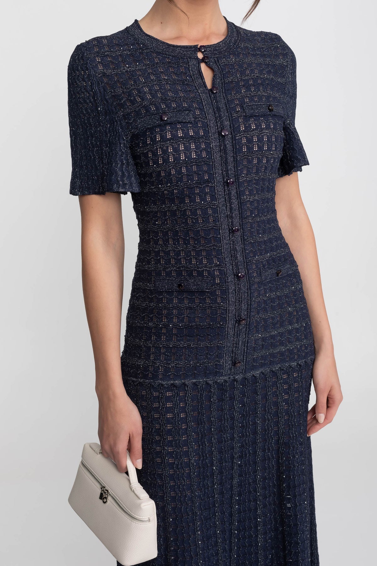 Short Sleeve Midi Dress With Shimmer Knit Texture - Navy - View 9